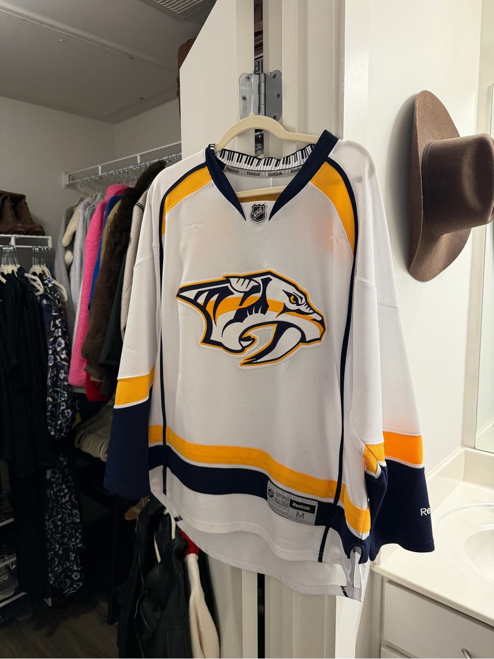 Reebok White Nashville Predators Hockey Jersey with Yellow & Navy